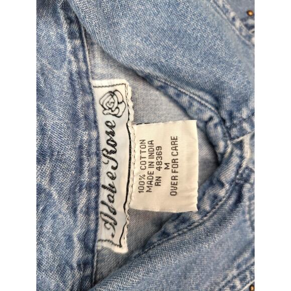 Adobe Rose Denim Western Sleeveless Horse Pearl Snaps Shirt Cowgirl Chic Studs - Picture 9 of 11